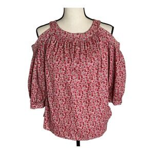 La Vie Rebecca Taylor Red Multicolor Floral Top Size Large Flutter Sleeve Cotton